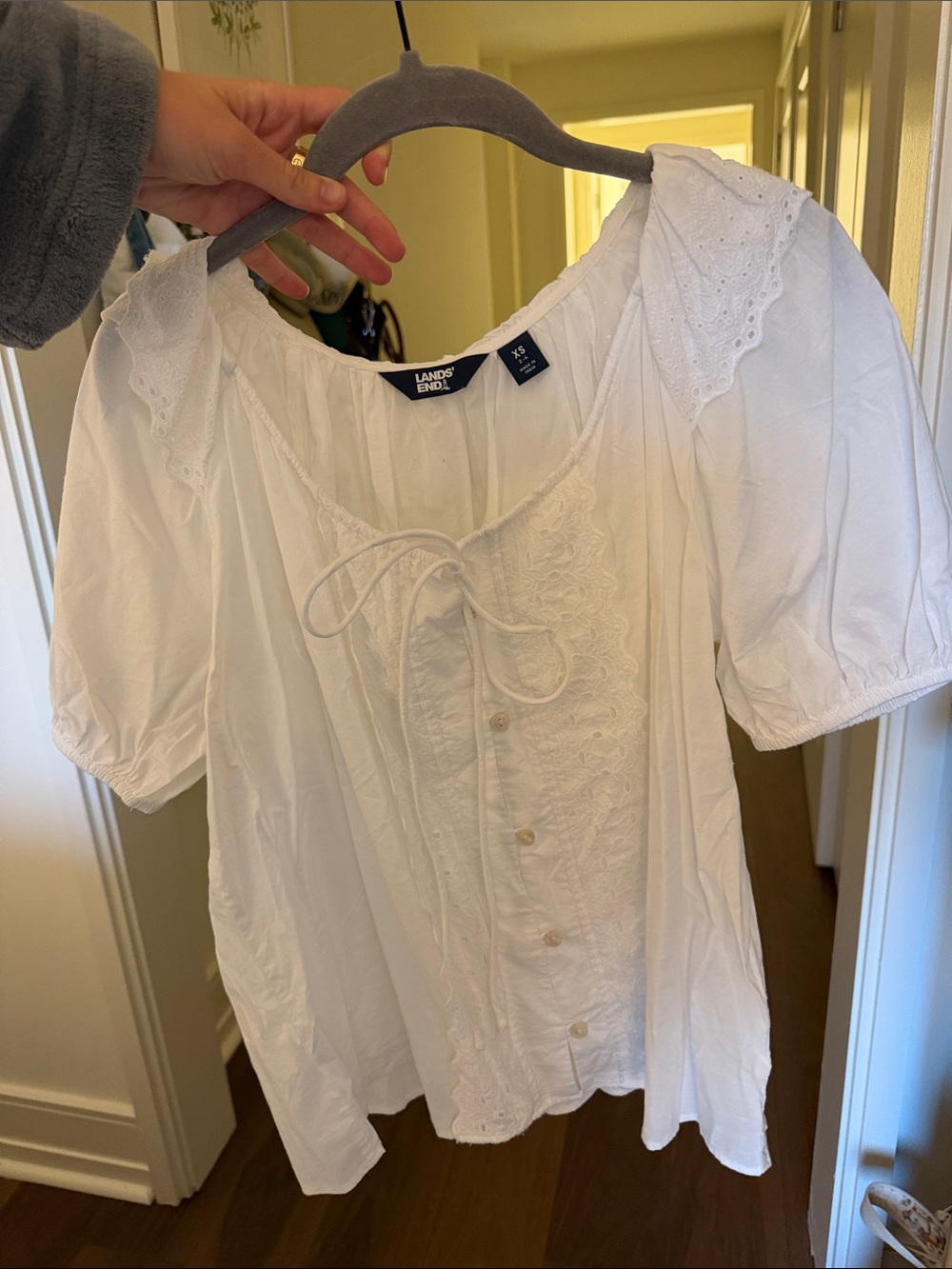 Lands' End White Eyelet Peasant Blouse with Tie Front